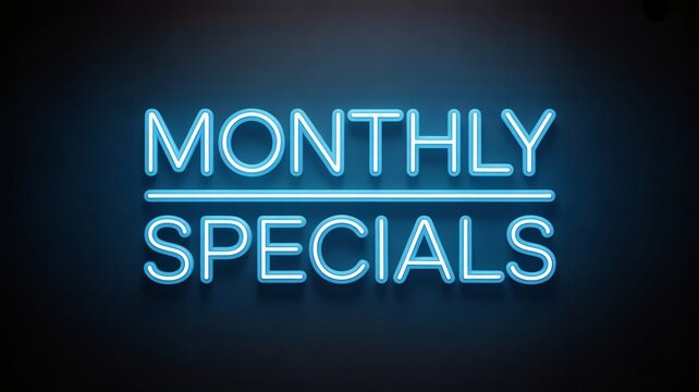 Striking bright blue neon sign displaying the words monthly specials illuminated against a dark textured background perfect for advertising sales