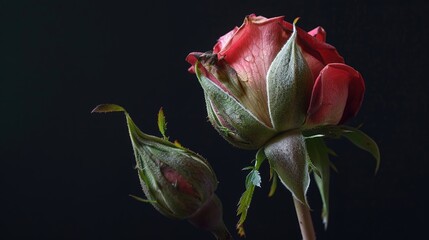 A wilting rose with a vibrant green bud growing nearby, representing the cycle of life and renewal HD