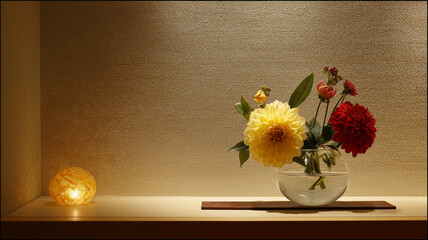 Soft light illuminates vibrant flowers in a clear vase, creating a warm, inviting atmosphere Generative AI