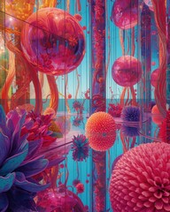 Vibrant floral display with hanging ornaments