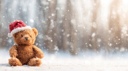 Cute teddy bear wearing a red hat on a snowy background in winter