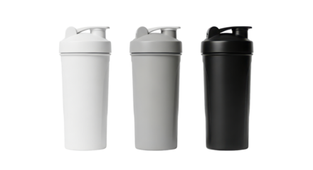 Three protein shaker bottles in varying shades on transparent background