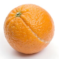 Close-up studio photograph of a single, vibrant, whole fresh orange fruit with textured peel isolated on a clean white background