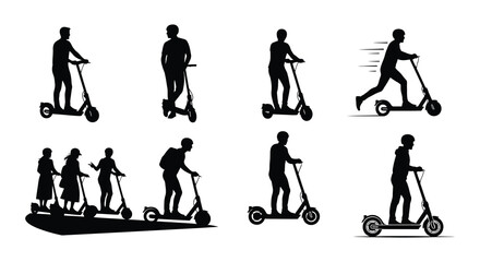 Naklejka premium Silhouettes of people riding electric scooters in various poses and groupings