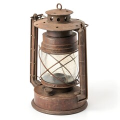 Antique rusted metal hurricane lantern with cracked glass globe isolated on a white background represents vintage lighting and history