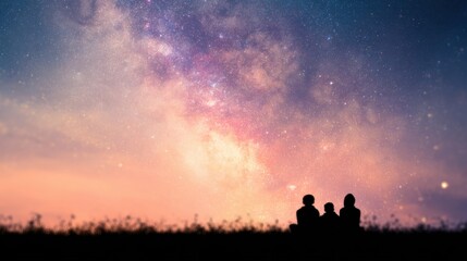 Fototapeta premium Friends watch stars under a colorful night sky at a quiet location
