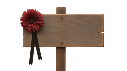 Rustic Wooden Signpost with Mourning Red Gerbera Flower and Black Ribbon Mourning Funeral Memorial