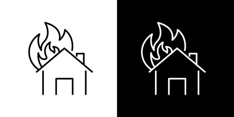 Striking minimalist line icon of a residential house engulfed in flames, conveying concepts of fire hazards, property damage, and urgent emergency situations