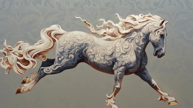 The painting depicts a majestic white horse with long, flowing hair. Oriental-style zodiac horse painting, flowing motion, restrained color palette, refined composition, zodiac horse oriental art