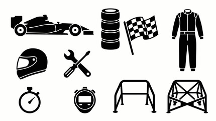 Black and white icons set for motor racing, including formula car, helmet, tools, and safety equipment, concept for motorsport event promotion, racing team branding and speed competition design