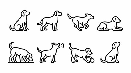 Set of eight simple black outline dog icons showing various common poses and actions, concept for pet shop logo design , veterinary clinic branding  and animal shelter flyers 