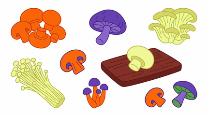Collection of colorful illustrated edible mushrooms and a cutting board concept for culinary design, healthy eating promotion and vegetarian menu creation