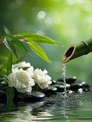 Zen spa scene with a bamboo water spout pouring clear water into a calm pond, smooth black stones, white flowers blooming beside green bamboo leaves, fresh green bokeh background