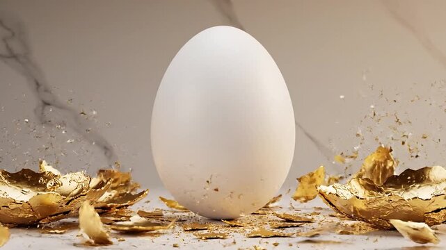 A white egg with broken golden shell fragments explodes outwards
