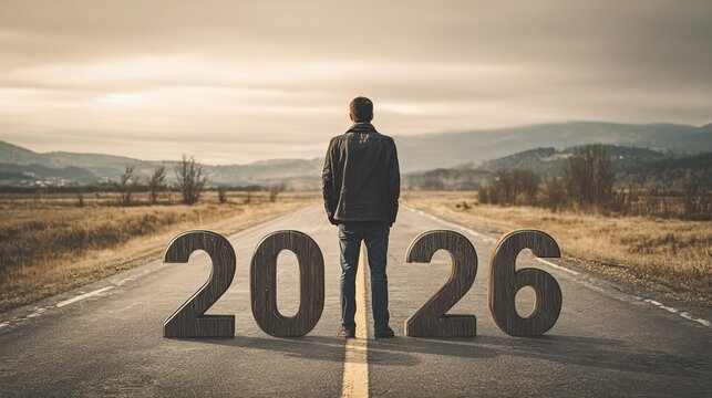 2026 New Journey - Man with Wooden 2026 Numbers on Country Road