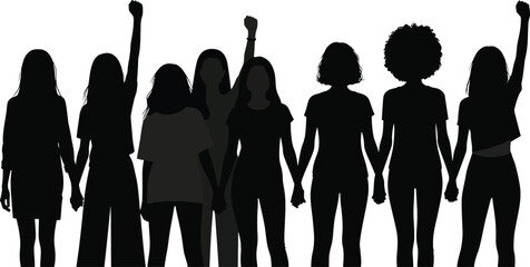 Group of women standing together in solidarity with raised fists