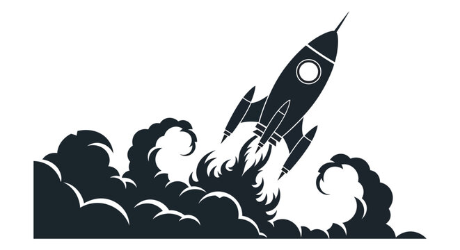 A striking graphic of a rocket launching with billowing smoke trails presented as a silhouette