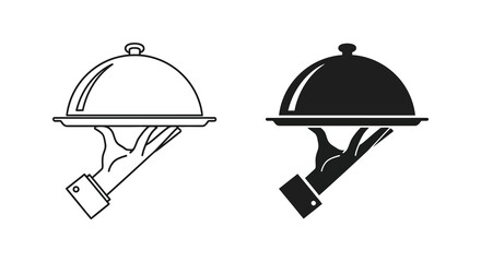 Fototapeta premium Two depictions of a hand presenting a covered dish on a platter a striking silhouette