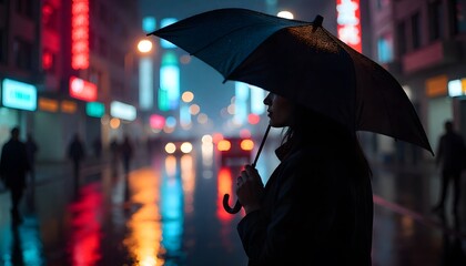 Cinematic night scene of a black umbrella in the rain with neon lights and frozen water drops. Dramatic and stylish, perfect for advertising or editorial themes.