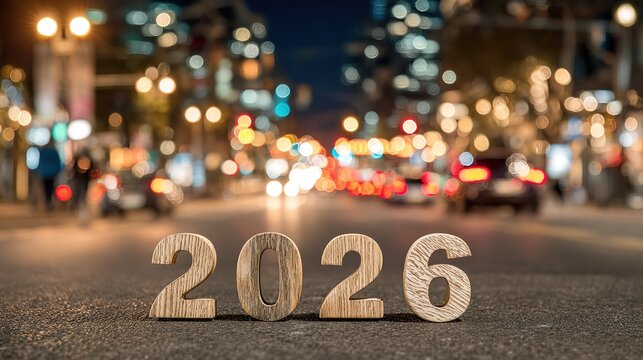 2026 Urban Night - Wooden 2026 Numbers on City Road with Bokeh Lights