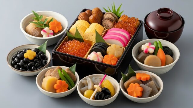 Traditional japanese osechi ryori new year food arrangement in a bento box