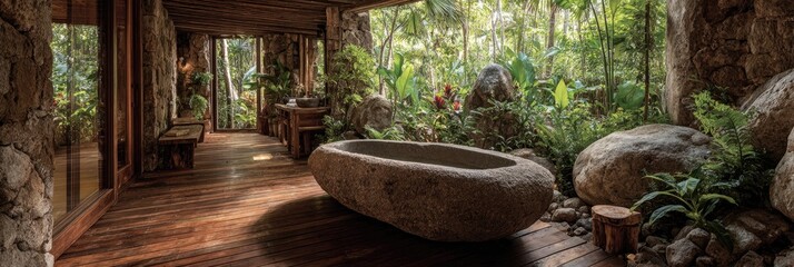 A rustic outdoor bathing area with a stone tub, surrounded by nature and lush greenery