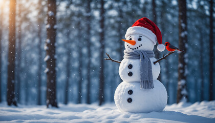 Snowman wearing santa hat and scarf with bird on branch in snowy forest.