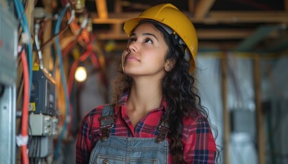 A young female electrician wearing a yellow hard hat and overalls, inspecting electrical wiring and conduits in a construction site.