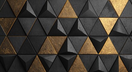 Textured wall art with a repeating pattern of gold and black triangular shapes