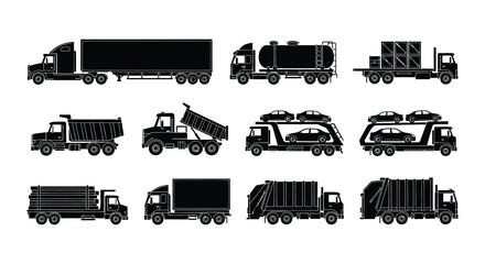 Collection of various black silhouette trucks and transportation vehicles © nurjahan