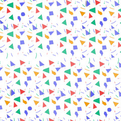Bright geometric seamless pattern. Abstract texture with scattered colorful confetti shapes, triangles, and squares for party backgrounds, wrapping paper, or textile design.