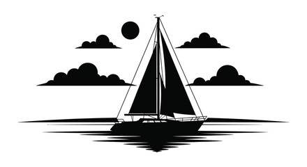 A striking black silhouette of a sailboat gliding across calm waters under a setting sun silhouette