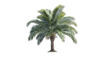 A realistic, fully-isolated palm tree with green fronds on a transparent black background