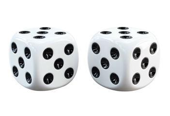 Two white dice with black dots, isolated on a black background. One shows six, the other five