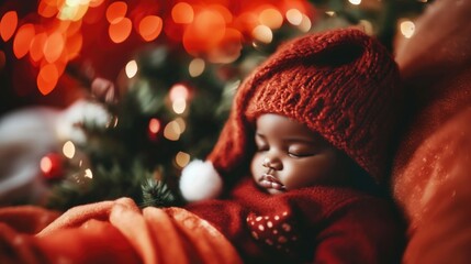 Baby sleeps next to decorated Christmas tree with warm lights glowing