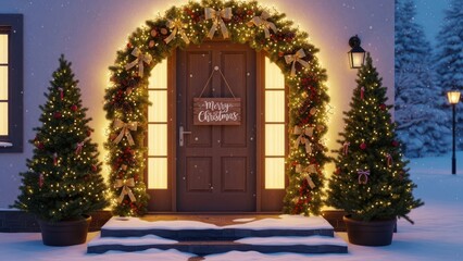 Fototapeta premium 3D House Christmas tree entrance decorated with lights