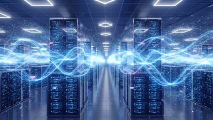Intersecting Blue Data Waves Flowing Through a Modern Data Center Aisle