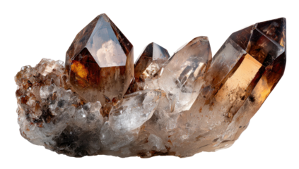 Cluster of brown and clear quartz crystals. Each has a sharp point, attached at base