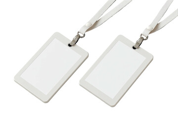 Two blank rectangular ID badges with lanyards on a black background