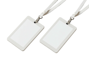 Two blank rectangular ID badges with lanyards on a black background