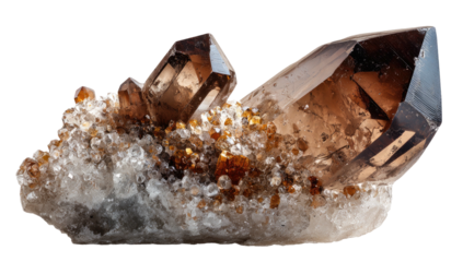 Close-up of smoky quartz crystal cluster, showcasing facets & mineral formations