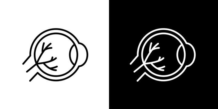 Icon illustration of an eyeball with blood vessels on white and black background, medical icon concept
