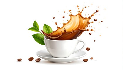 Artistic depiction of a coffee cup with liquid splash and leaf