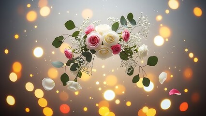 Bouquet of white and pink roses with green leaves and baby's breath floating in mid-air surrounded by golden bokeh