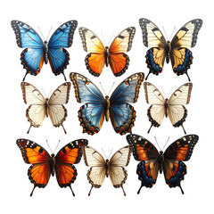 A set of colorful isolated butterflies including monarch and swallowtail species featuring vibrant orange and yellow wings for a beautiful spring nature design