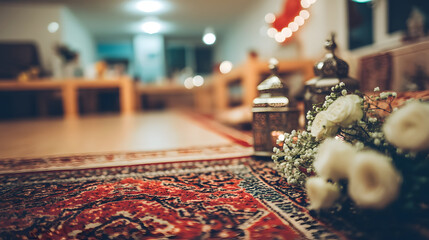 Festive decor enhances a spacious home living area prepared for Eid celebration