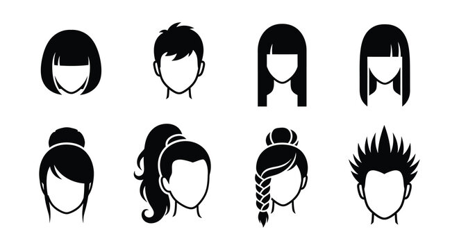 Variety of black and white hair styles and cuts illustration