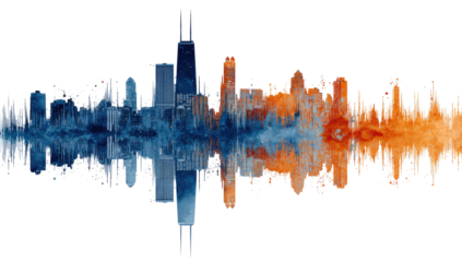 Skyline reflection art blending city silhouette with audio wave effect