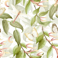 Watercolor butterflies and dragonflies on garden hedge seamless pattern on white. Blooming honeysuckle flowers and green vines repeat background for spring designs. Botanical liana in pastel colors