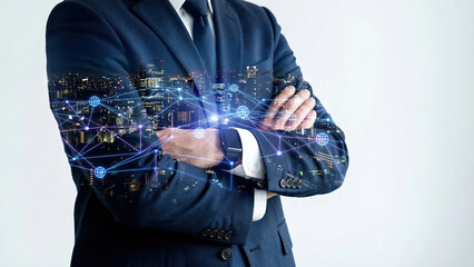 Businessman Blended with Global Digital Network and Urban Skyline